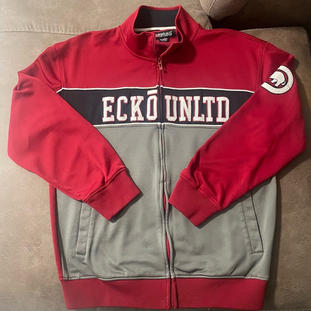 Ecko Unltd Y2K Jacket Mens XL Red Black Colorblock Track Full Zip Rhino Logo